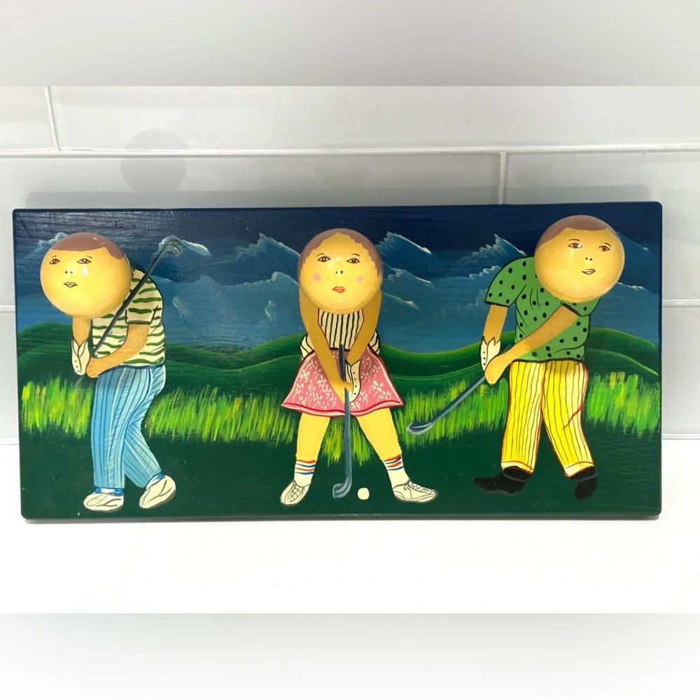 Golf Golfing Ball Wood Plaque Holder Painted HANDMADE FOLK-ART Coat Rack unique